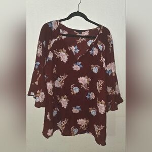 Zac & Rachel Womans 1X Blouse Floral 3/4 Sleeve  Maroon